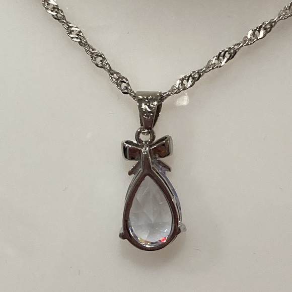 NWOT - Sterling Silver Pear Shaped CZ Bow Necklace, Pendant & Earrings Set - Picture 6 of 14